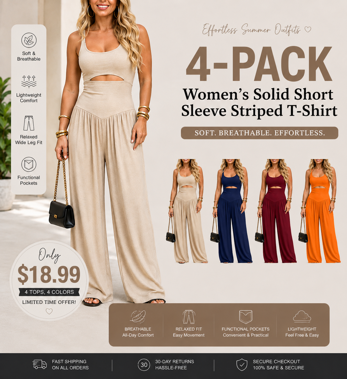 Women’s Backless Cut-Out Cami Jumpsuit with Pockets