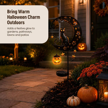 🎃 Solar Halloween Black Cat Moon Garden Stake Light | Anti-Rust Metal Outdoor Decor