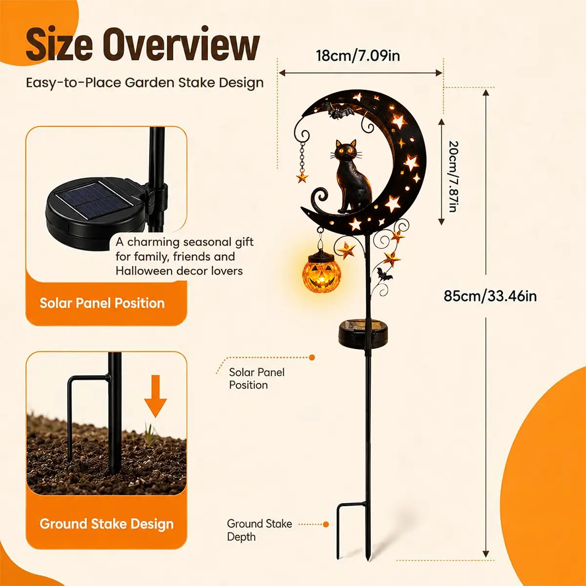 🎃 Solar Halloween Black Cat Moon Garden Stake Light | Anti-Rust Metal Outdoor Decor