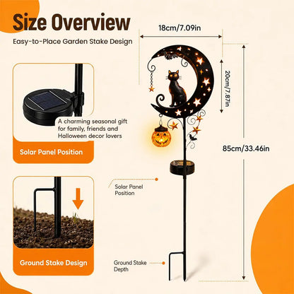 🎃 Solar Halloween Black Cat Moon Garden Stake Light | Anti-Rust Metal Outdoor Decor