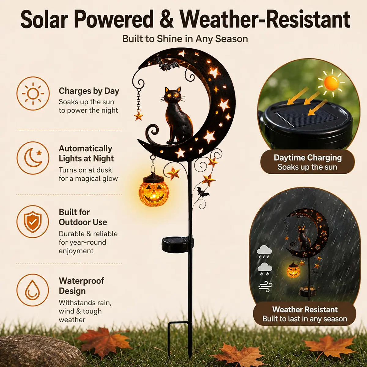 🎃 Solar Halloween Black Cat Moon Garden Stake Light | Anti-Rust Metal Outdoor Decor