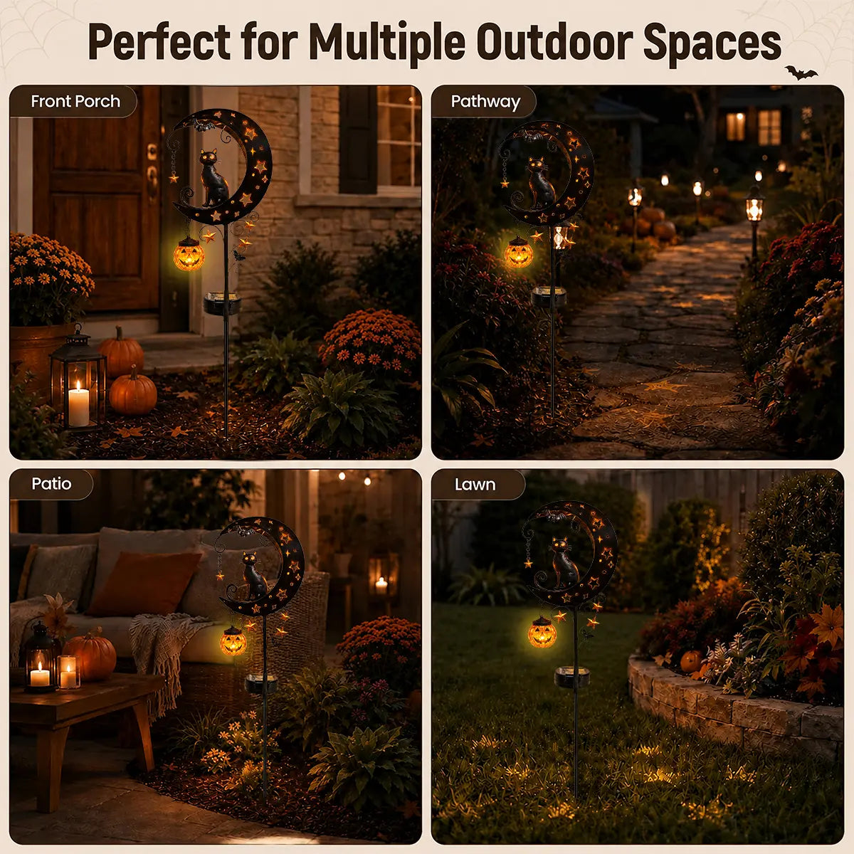 🎃 Solar Halloween Black Cat Moon Garden Stake Light | Anti-Rust Metal Outdoor Decor