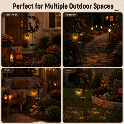 🎃 Solar Halloween Black Cat Moon Garden Stake Light | Anti-Rust Metal Outdoor Decor