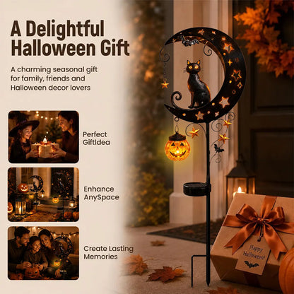 🎃 Solar Halloween Black Cat Moon Garden Stake Light | Anti-Rust Metal Outdoor Decor