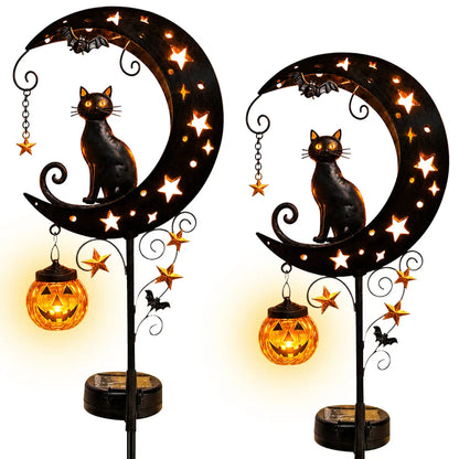 🎃 Solar Halloween Black Cat Moon Garden Stake Light | Anti-Rust Metal Outdoor Decor