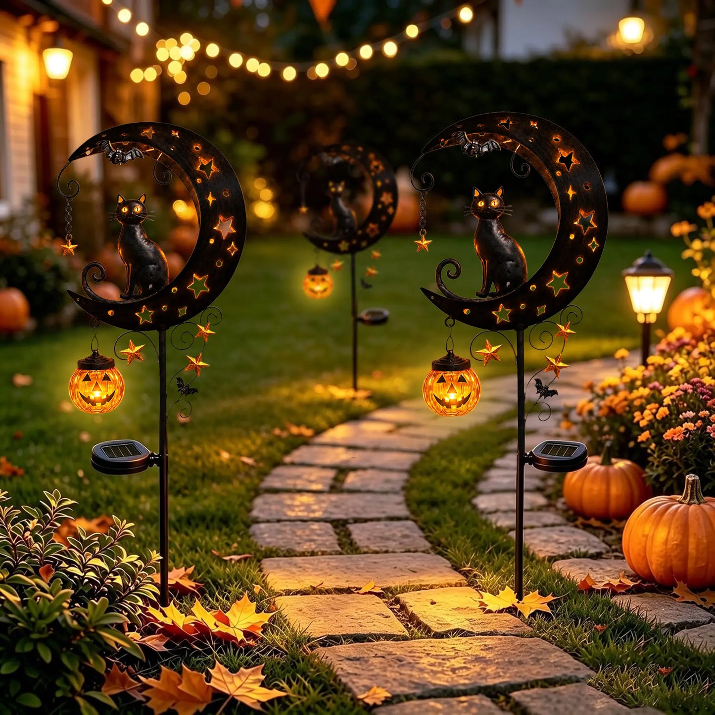 🎃 Solar Halloween Black Cat Moon Garden Stake Light | Anti-Rust Metal Outdoor Decor