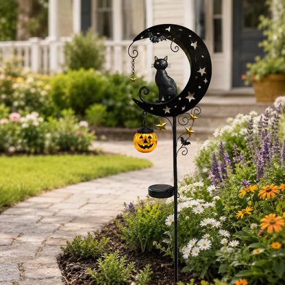 🎃 Solar Halloween Black Cat Moon Garden Stake Light | Anti-Rust Metal Outdoor Decor