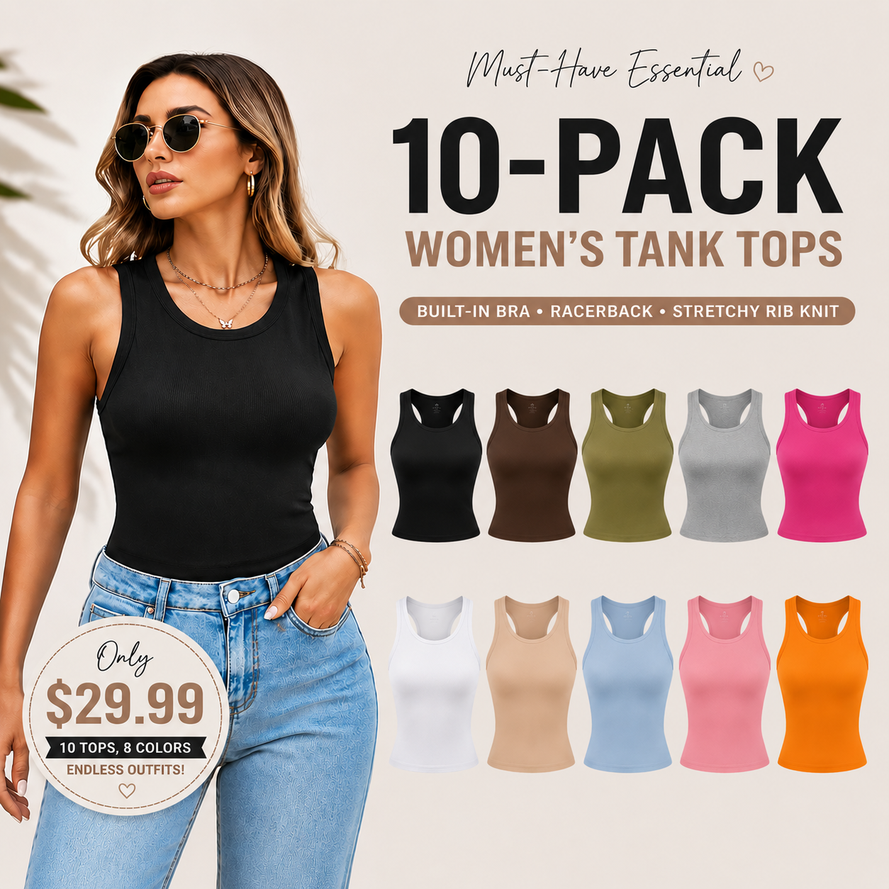 Round Neck Built-in Bra Ribbed Tank Top Fit Casual Comfortable