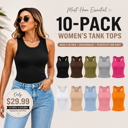 Round Neck Built-in Bra Ribbed Tank Top Fit Casual Comfortable