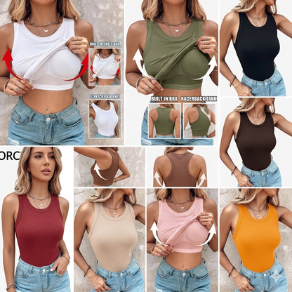 Round Neck Built-in Bra Ribbed Tank Top Fit Casual Comfortable