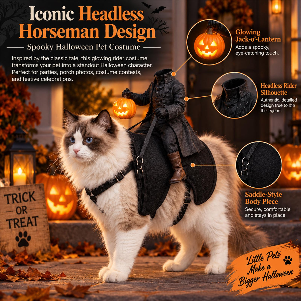 🏇Headless Horseman Dog Costume 🏇, Spooky Halloween Pet Outfit, Funny Cosplay Clothes for Dog & Cat🎃