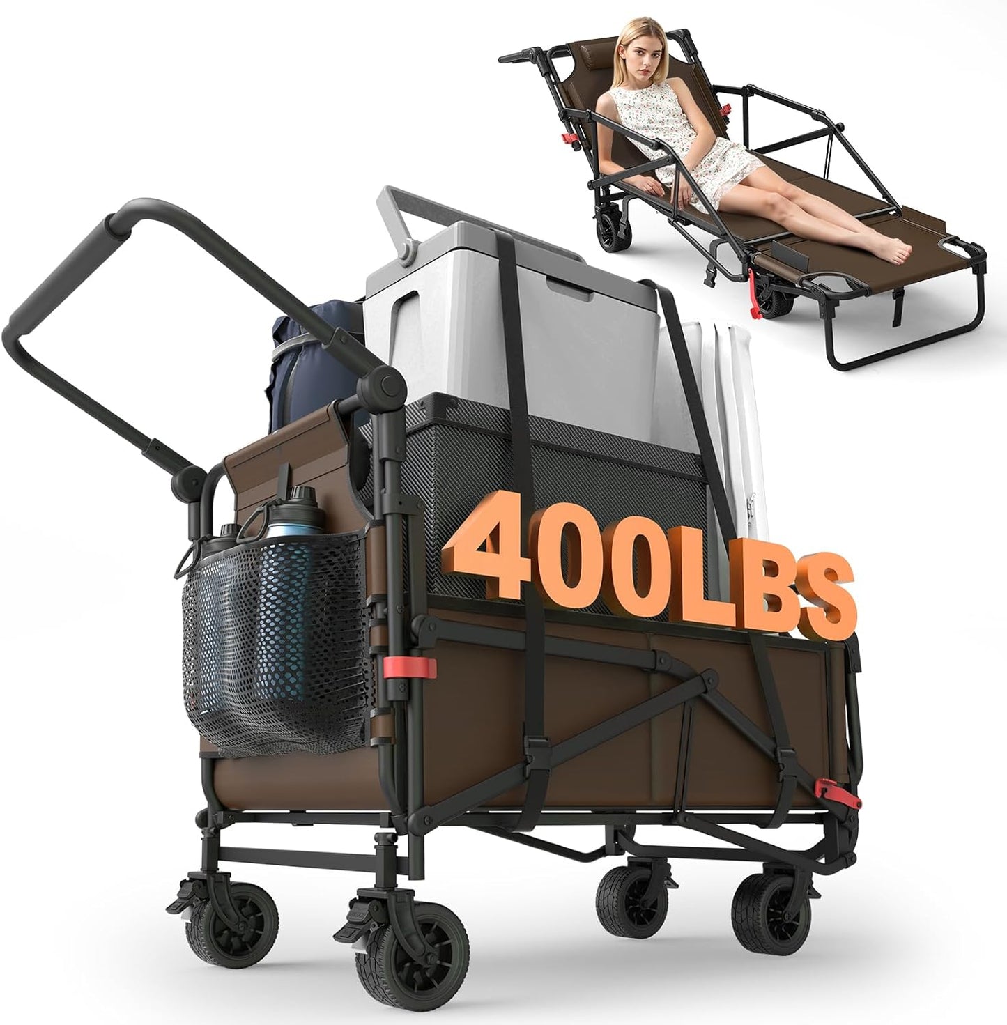 Heavy Duty 2-in-1 Folding Wagon, Collapsible Utility Cart, 400lb Capacity, All-Terrain Wheels with Brakes & Side Pockets