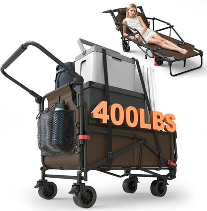 Heavy Duty 2-in-1 Folding Wagon, Collapsible Utility Cart, 400lb Capacity, All-Terrain Wheels with Brakes & Side Pockets