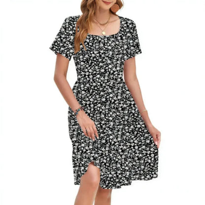 Women Square Neck Ditsy Floral Dress, Ruffle Empire Waist A-Line Sundress With Pockets