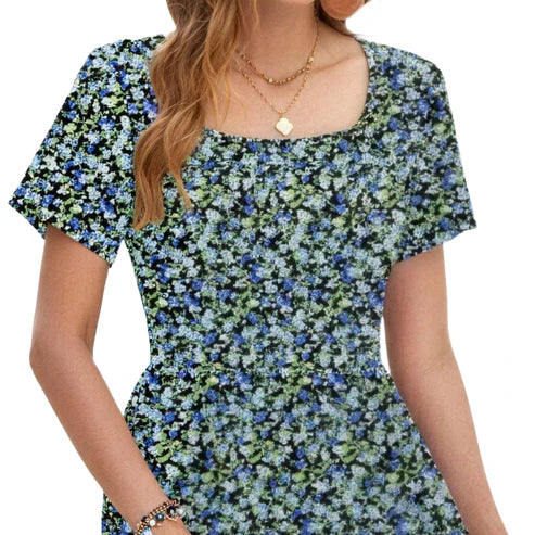 Women Square Neck Ditsy Floral Dress, Ruffle Empire Waist A-Line Sundress With Pockets