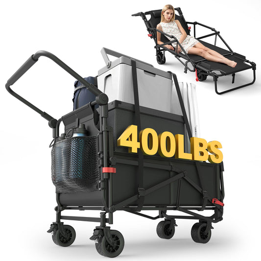 Heavy Duty 2-in-1 Folding Wagon, Collapsible Utility Cart, 400lb Capacity, All-Terrain Wheels with Brakes & Side Pockets