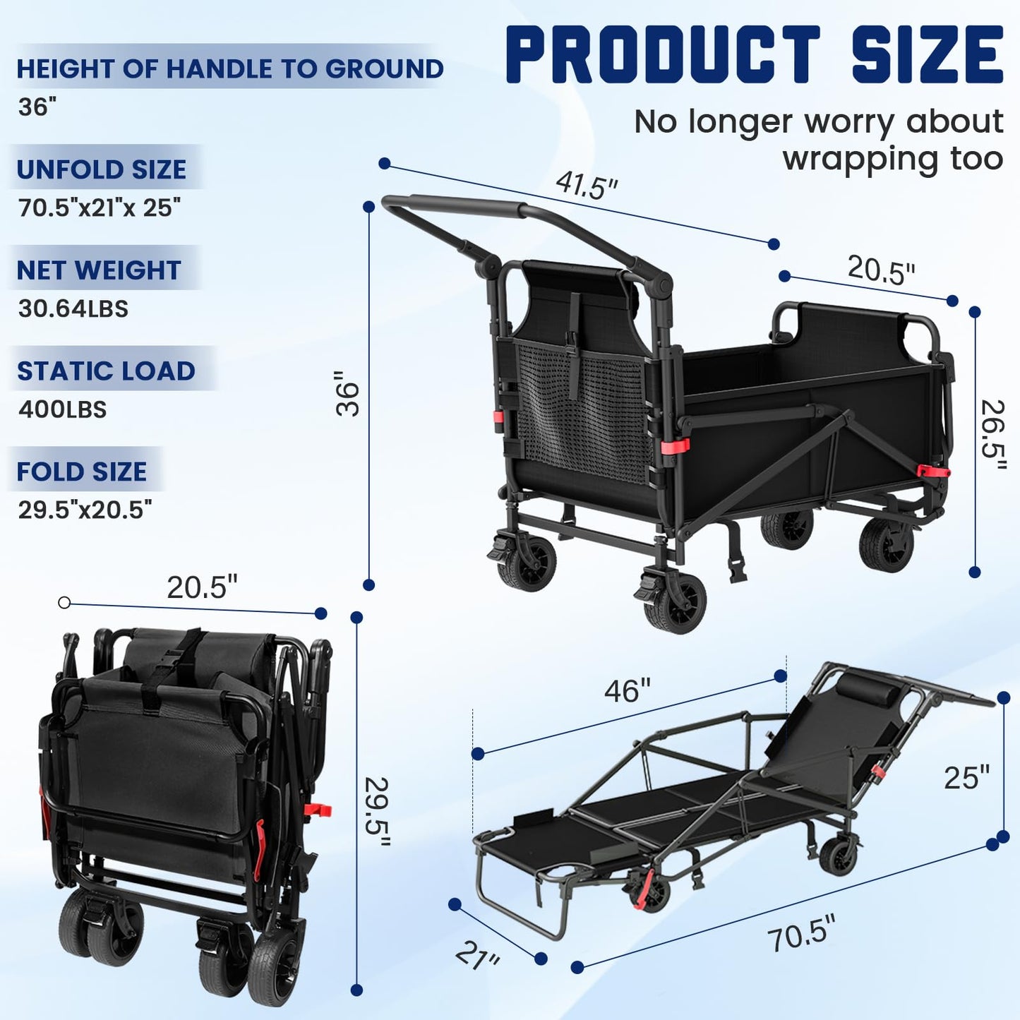 Heavy Duty 2-in-1 Folding Wagon, Collapsible Utility Cart, 400lb Capacity, All-Terrain Wheels with Brakes & Side Pockets