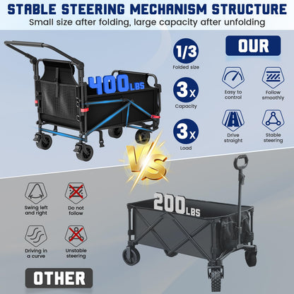 Heavy Duty 2-in-1 Folding Wagon, Collapsible Utility Cart, 400lb Capacity, All-Terrain Wheels with Brakes & Side Pockets