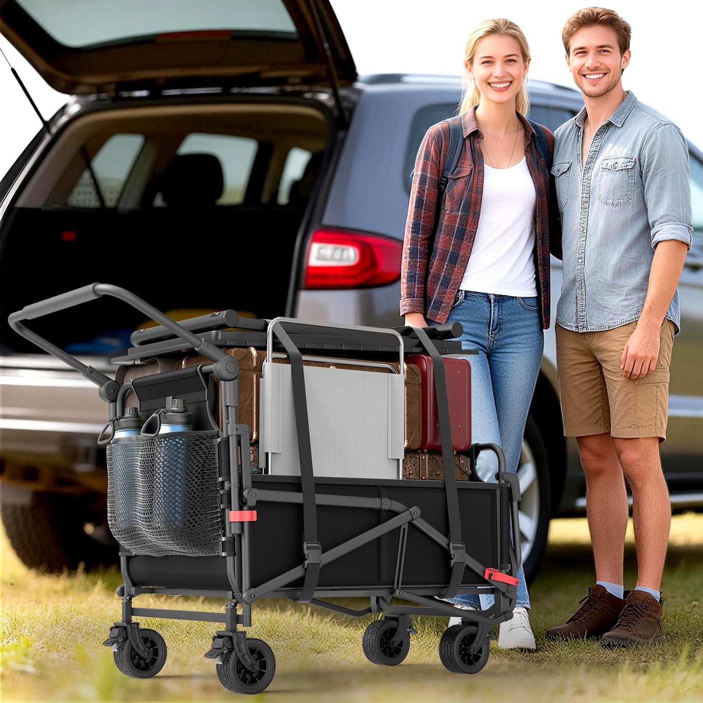 Heavy Duty 2-in-1 Folding Wagon, Collapsible Utility Cart, 400lb Capacity, All-Terrain Wheels with Brakes & Side Pockets