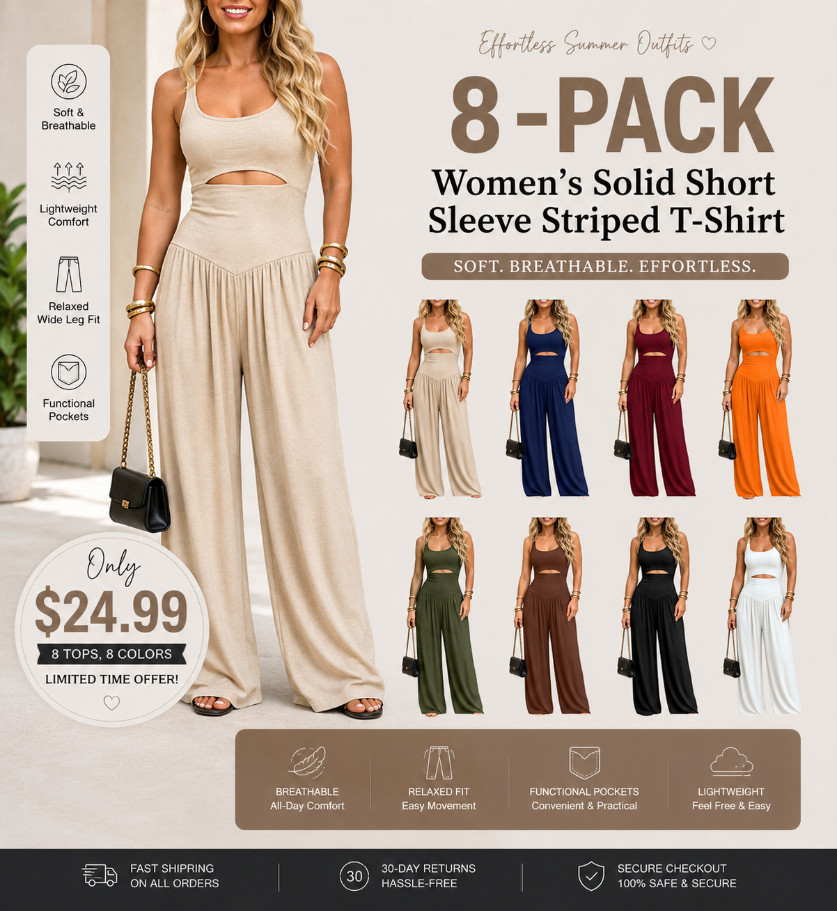Women’s Backless Cut-Out Cami Jumpsuit with Pockets