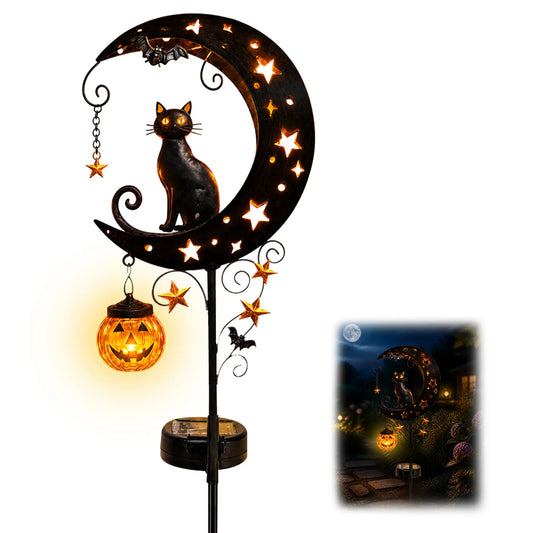 🎃 Solar Halloween Black Cat Moon Garden Stake Light | Anti-Rust Metal Outdoor Decor