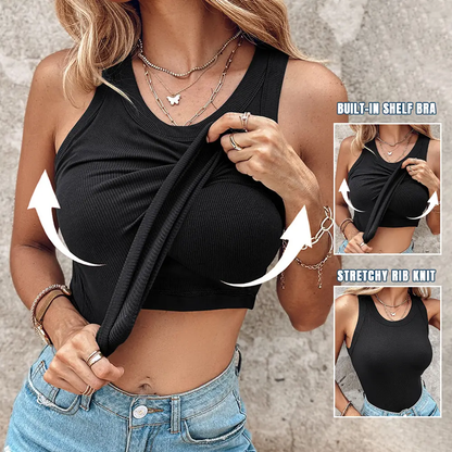 Round Neck Built-in Bra Ribbed Tank Top Fit Casual Comfortable