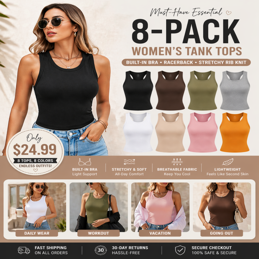Round Neck Built-in Bra Ribbed Tank Top Fit Casual Comfortable