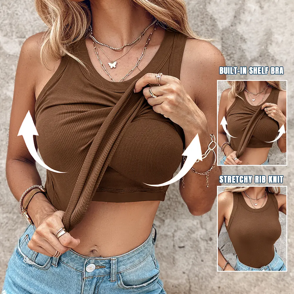 Round Neck Built-in Bra Ribbed Tank Top Fit Casual Comfortable