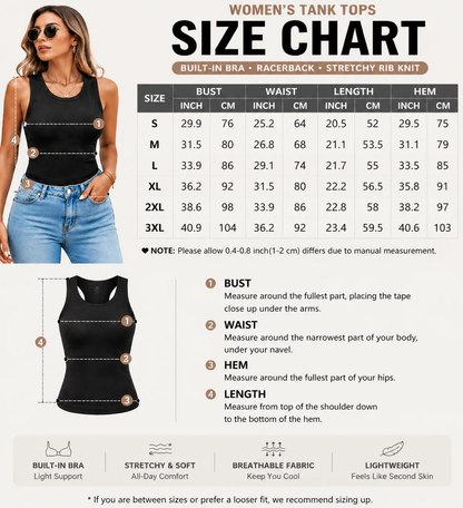 Round Neck Built-in Bra Ribbed Tank Top Fit Casual Comfortable