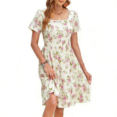 Women Square Neck Ditsy Floral Dress, Ruffle Empire Waist A-Line Sundress With Pockets