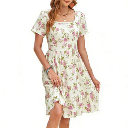 Women Square Neck Ditsy Floral Dress, Ruffle Empire Waist A-Line Sundress With Pockets
