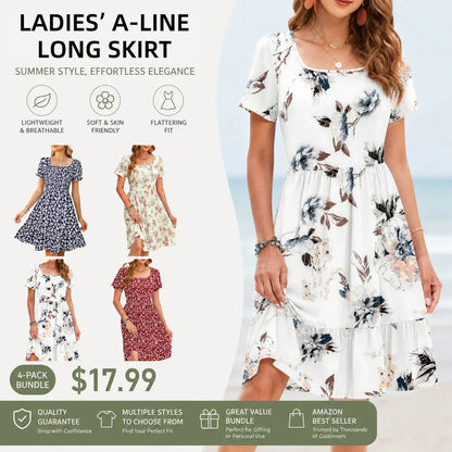 Women Square Neck Ditsy Floral Dress, Ruffle Empire Waist A-Line Sundress With Pockets