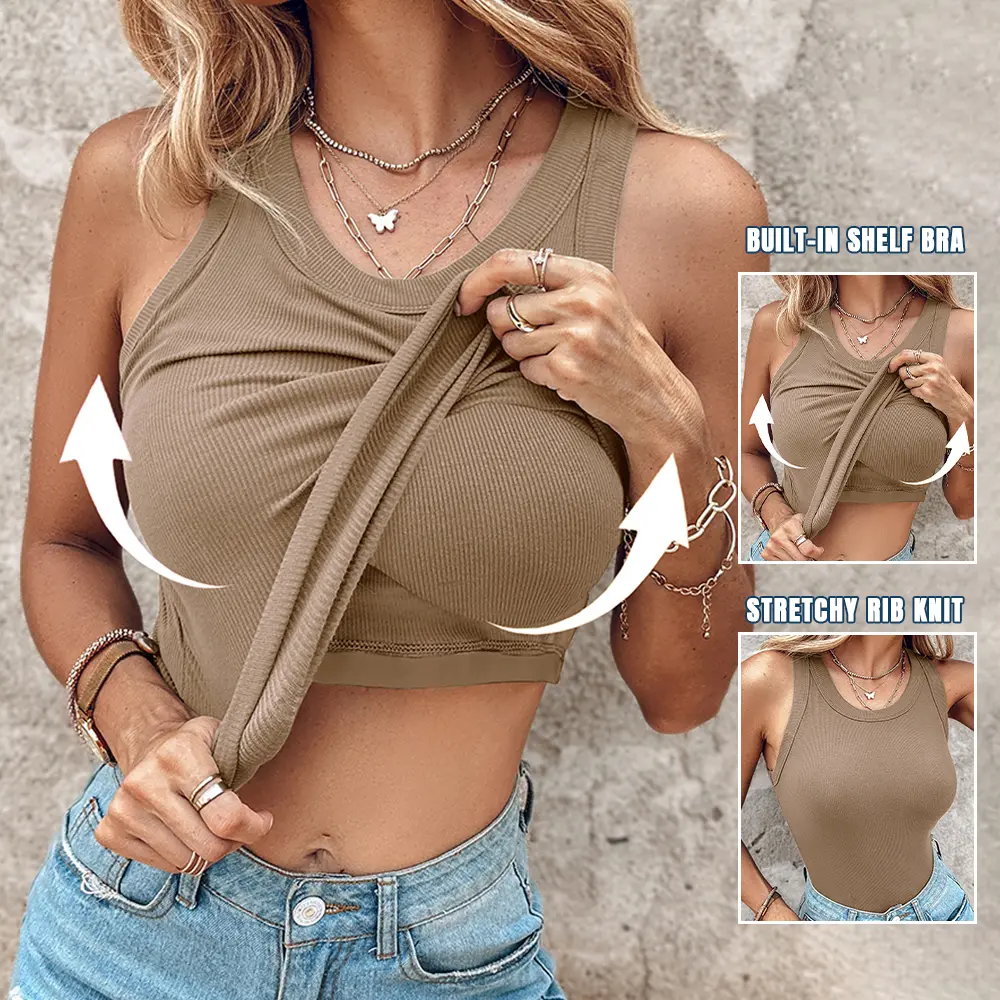 Round Neck Built-in Bra Ribbed Tank Top Fit Casual Comfortable