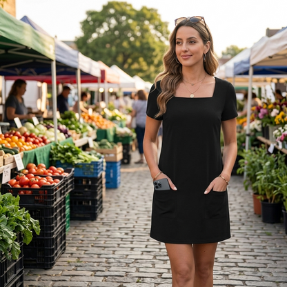 Square Neck Bodycon Mini Dress with Pockets
