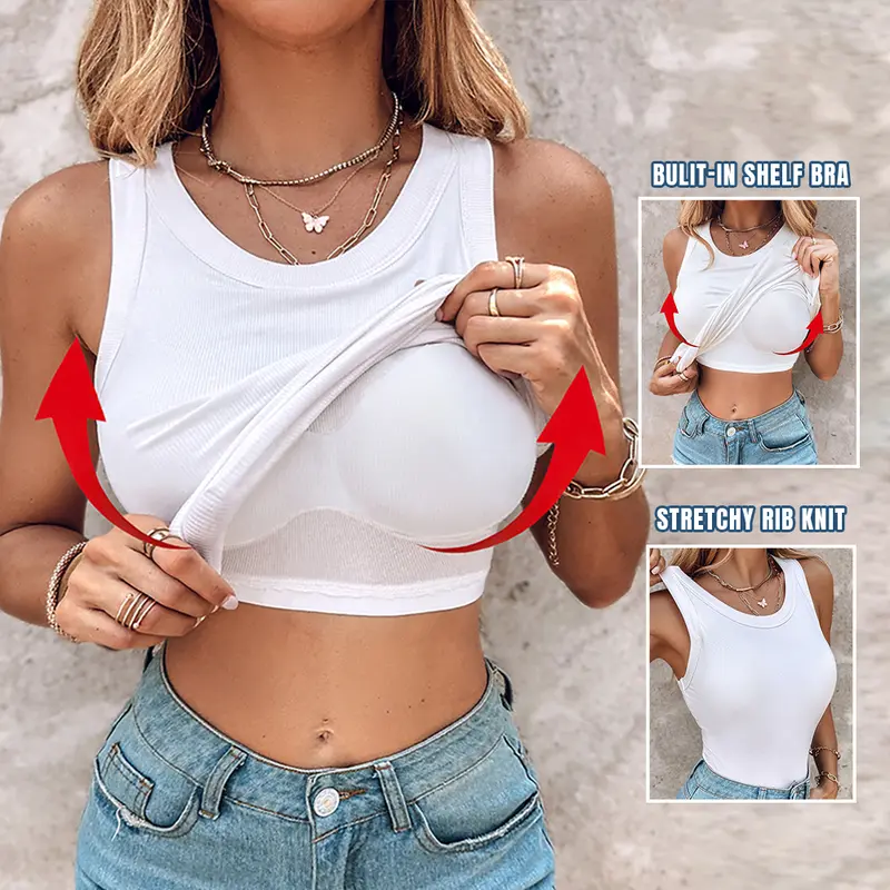 Round Neck Built-in Bra Ribbed Tank Top Fit Casual Comfortable